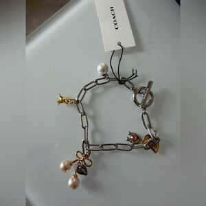 Coach Pearl Silver & Gold Pearl Charm Chain Bracelet